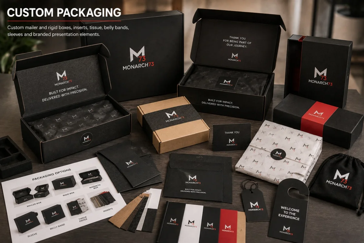 Mailer boxes, rigid boxes, magnetic boxes, inserts, tissue, sleeves, belly bands and cards laid out as packaging options