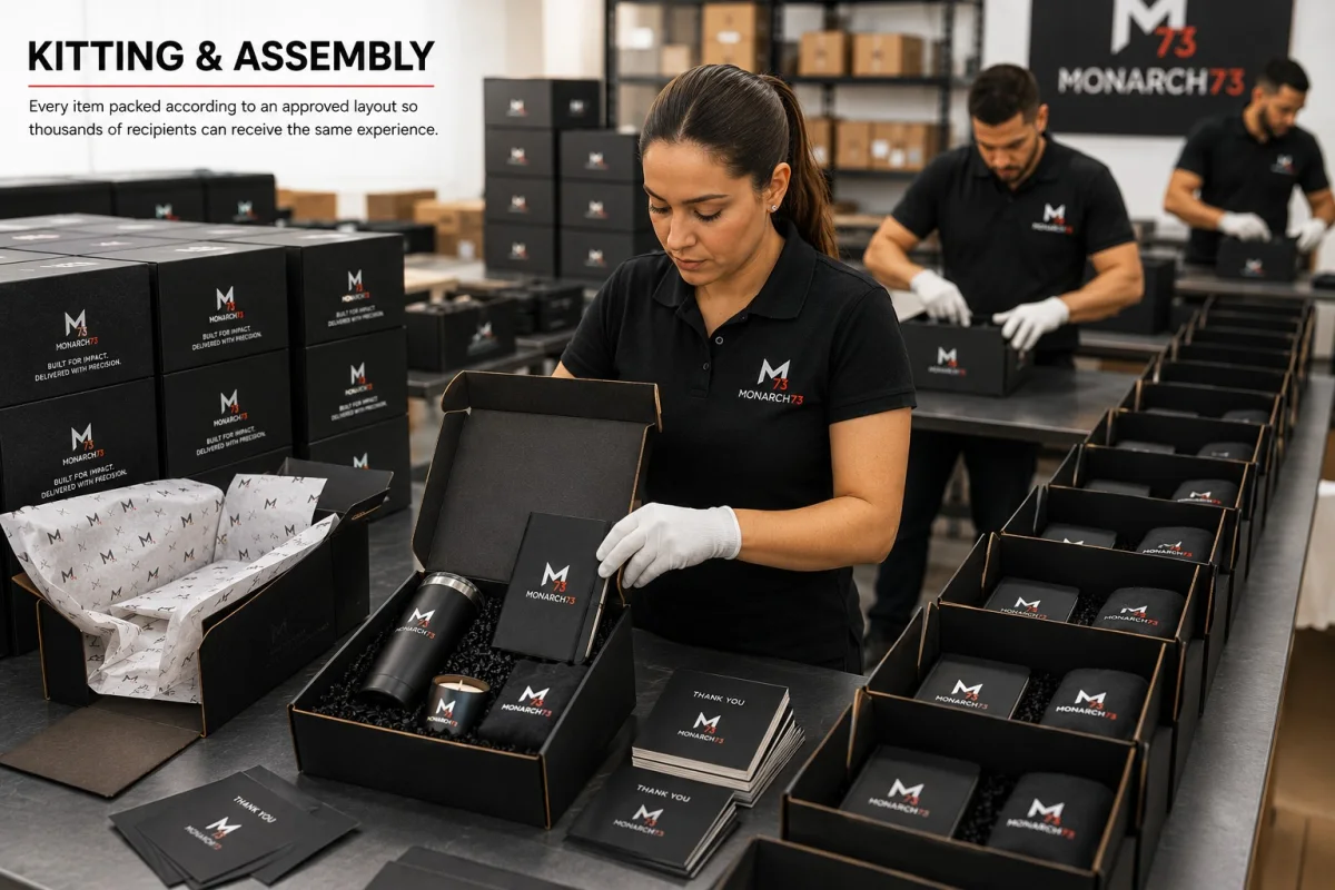 A packing bench where staff assemble identical boxes to the same approved layout