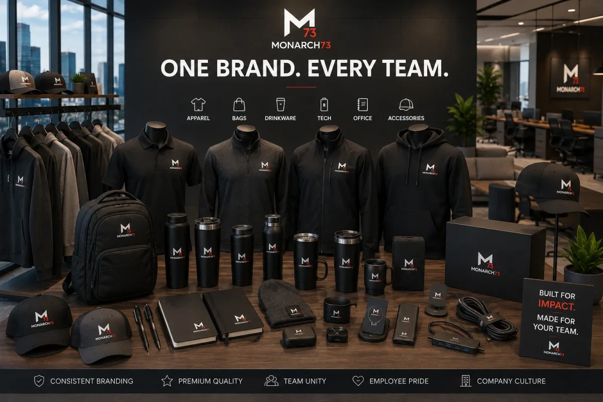 A company merchandise range laid out like a showroom: polos, quarter-zips, jackets and hoodies on forms, with backpacks, drinkware, notebooks, caps and tech accessories below