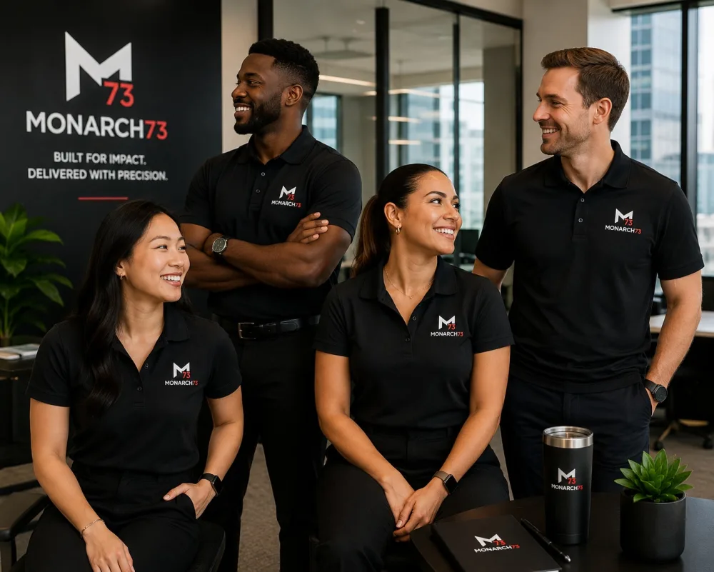 Four colleagues in matching branded polo shirts in an office
