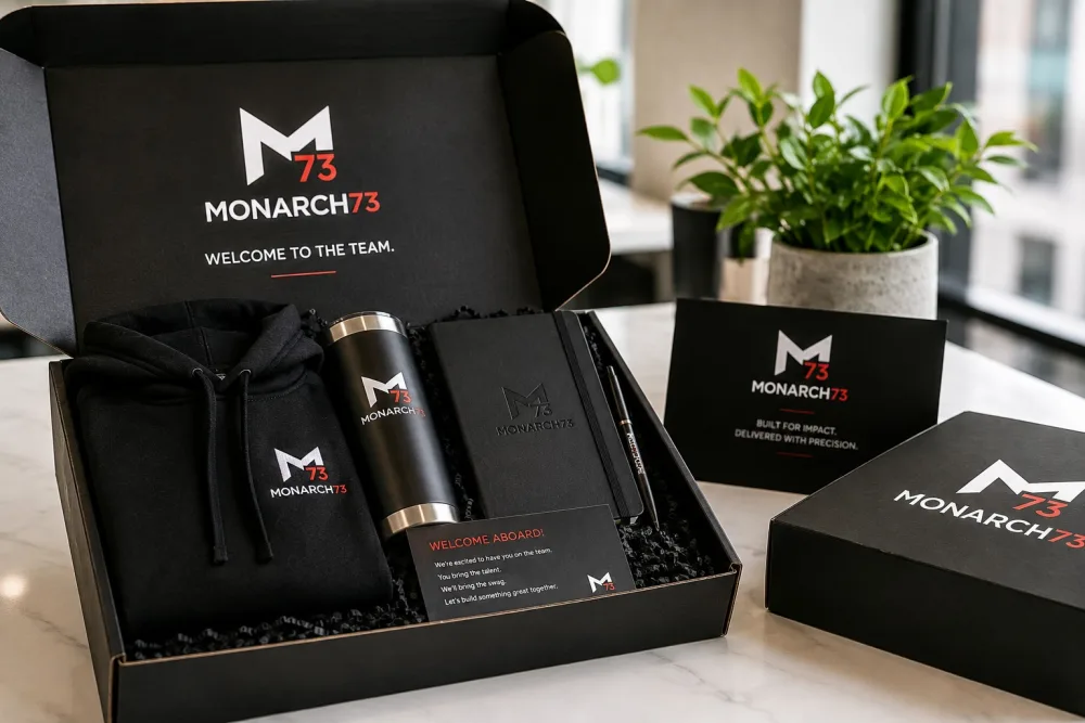 An open welcome box holding a branded hoodie, tumbler, notebook and pen, with a welcome-aboard card