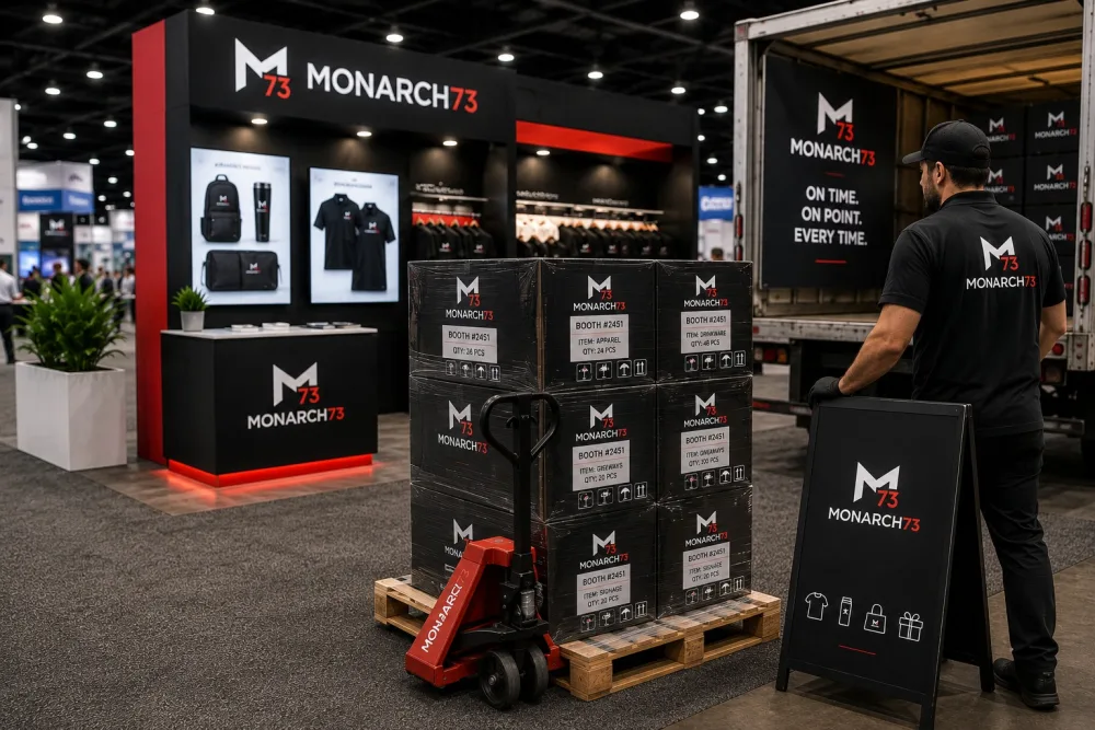 Labeled cartons on a pallet at a booth, marked with booth number, item and quantity, beside a delivery truck