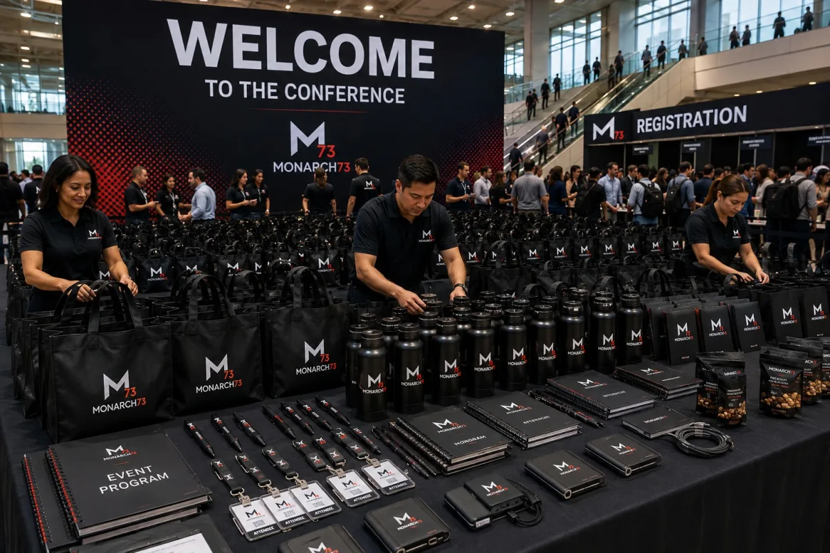 Hundreds of identical attendee kits being assembled at a conference registration hall