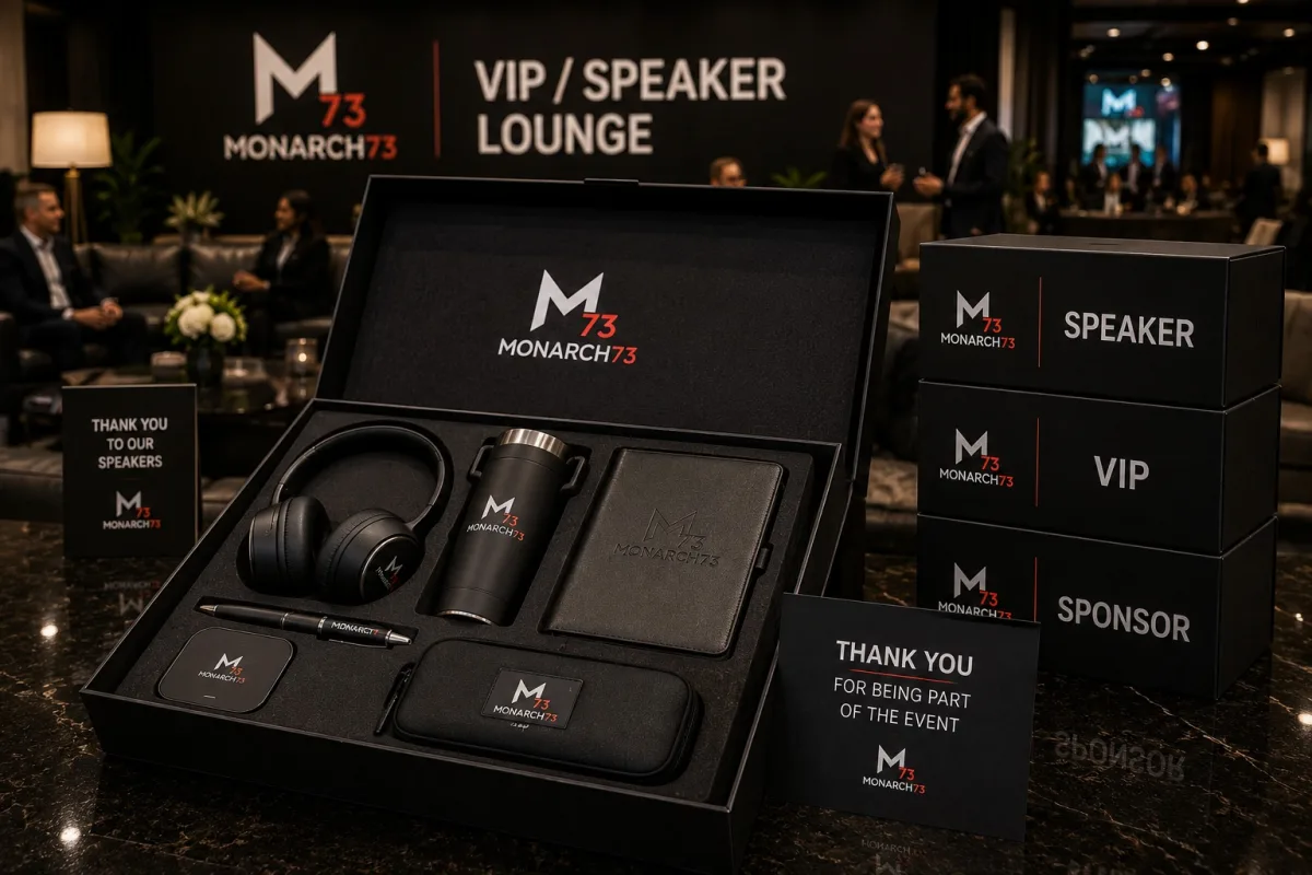 A premium gift box in a VIP and speaker lounge beside boxes marked speaker, VIP and sponsor
