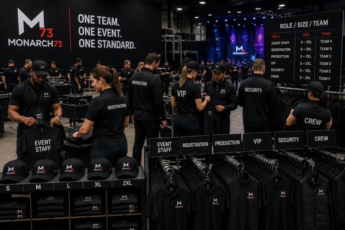 Event apparel racked and boxed by role and size in a backstage production area