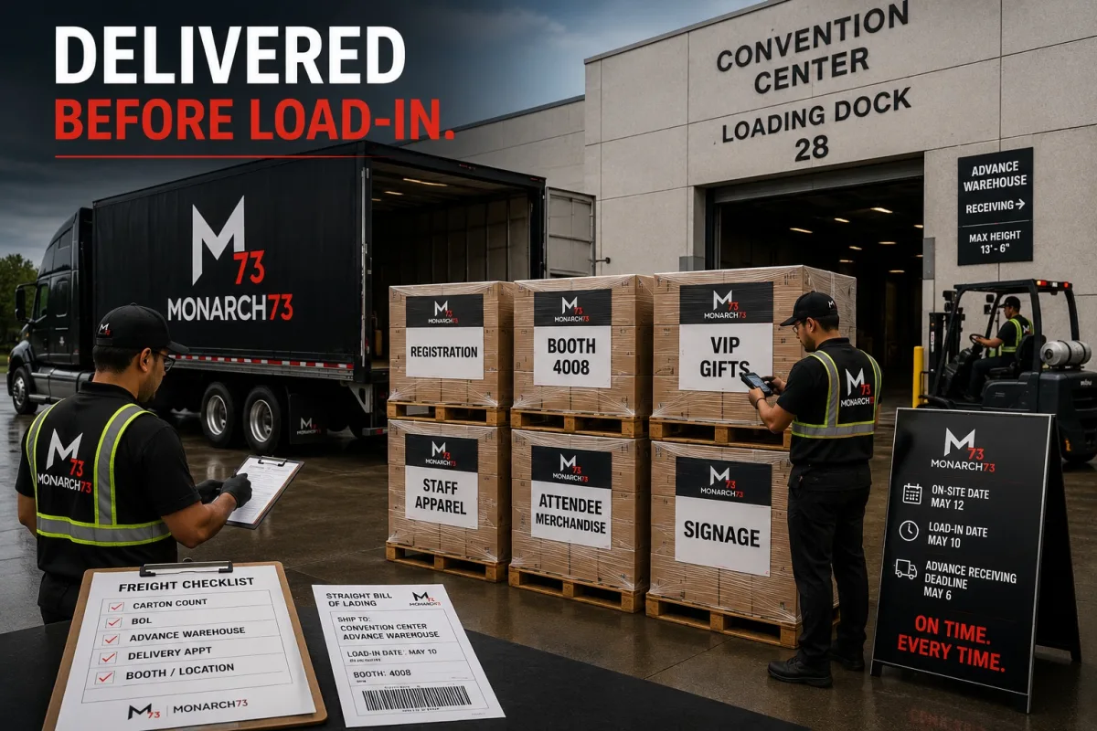 Pallets labeled by booth and contents on a convention center loading dock with freight paperwork