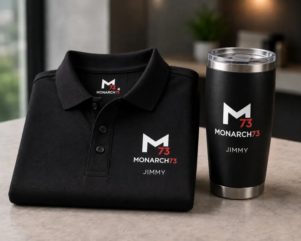 A branded polo shirt and tumbler, each carrying the recipient's name under the logo