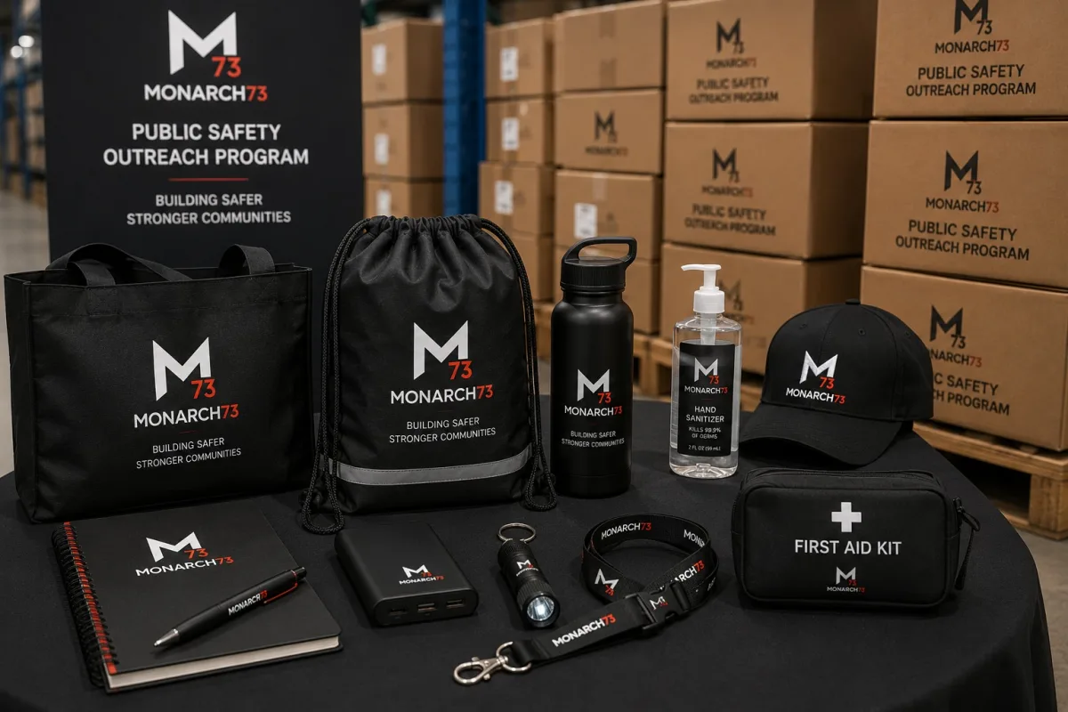 A public-safety outreach kit laid out in a warehouse — tote, reflective drawstring bag, bottle, hand sanitizer, cap, notebook, pen, power bank, flashlight keychain, lanyard and first-aid kit — with program cartons stacked behind