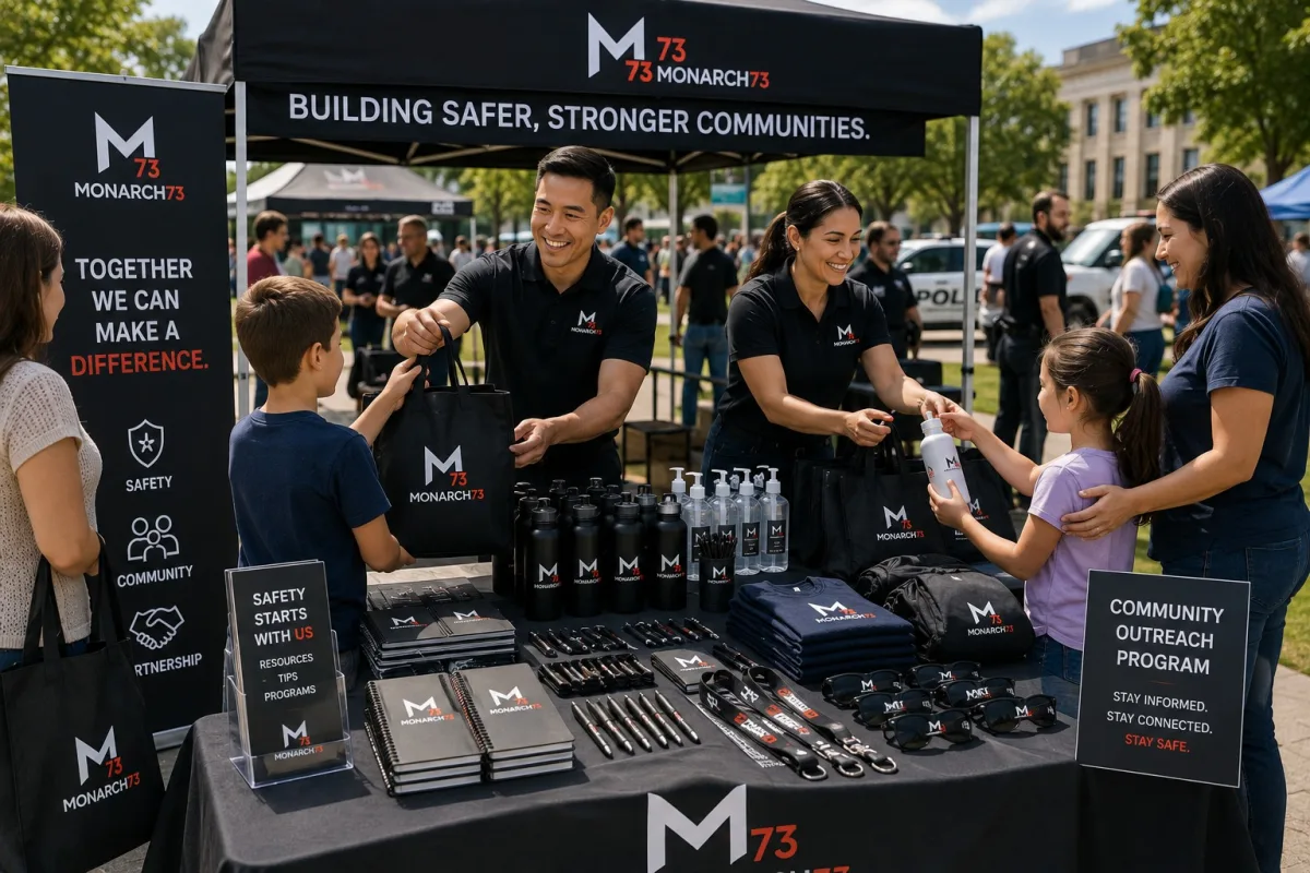 A community outreach booth at a public event, staff in matching polos handing tote bags and bottles to families, with notebooks, pens, lanyards, sunglasses and information cards on the table