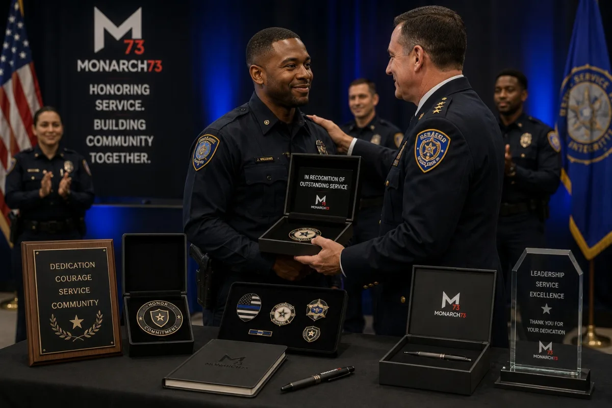 A public-service recognition ceremony: an officer receiving a presentation-boxed challenge coin from a department leader, with plaques, service pins, awards and a commendation notebook on the table