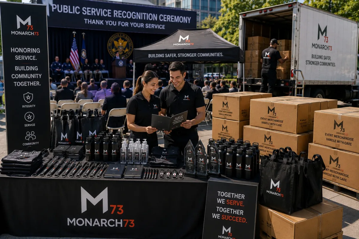 A public service recognition ceremony with a staffed merchandise table of totes, bottles, apparel, lanyards and awards, and event cartons being unloaded from a truck alongside