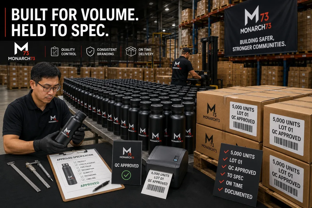 A quality-control bench in a warehouse: an inspector checking a bottle against an approved specification sheet, rows of identical units behind, and pallet cartons labeled 5,000 units, lot 01, QC approved