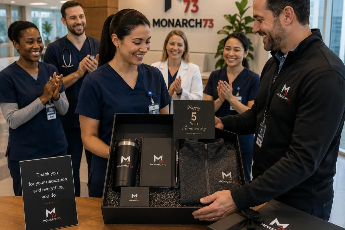 A nurse receiving a five-year anniversary gift box — fleece, tumbler, notebook and recognition card — from a manager while colleagues applaud in a hospital lobby