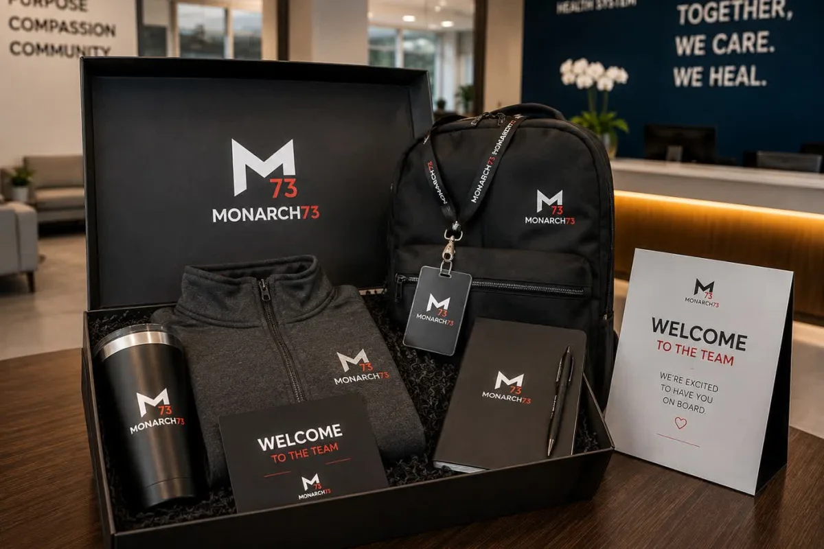 An open new-hire kit in a health system reception area holding a branded quarter-zip, tumbler, backpack, lanyard and badge holder, notebook, pen and a welcome card