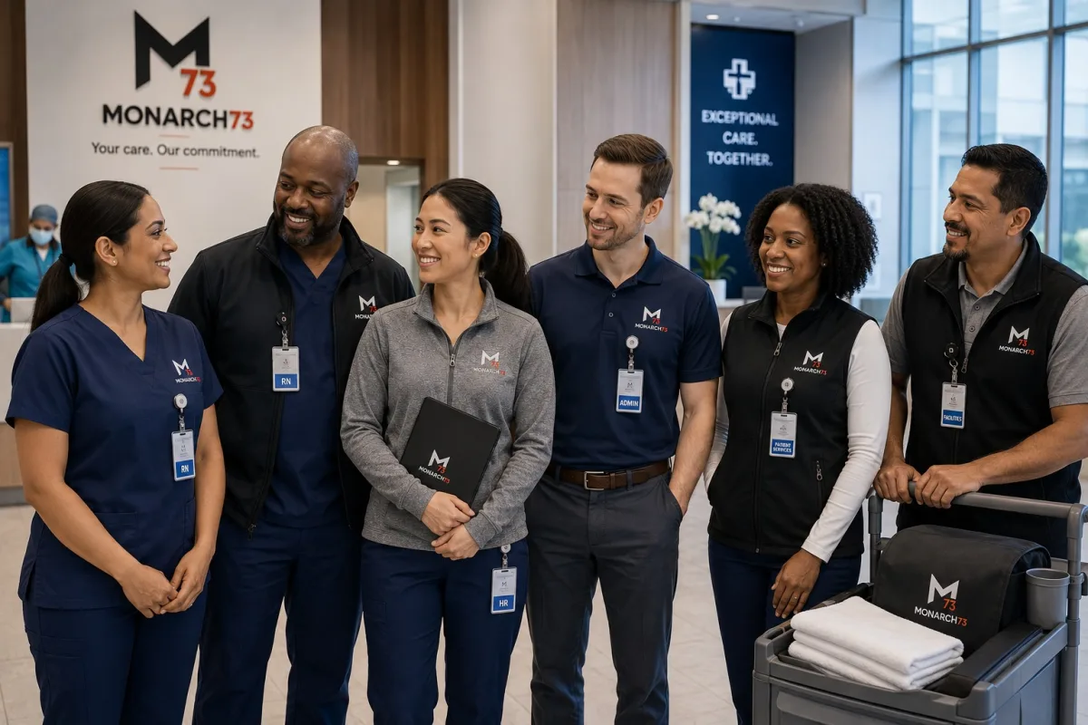 Staff from nursing, HR, administration, patient services and facilities in coordinated branded scrubs, quarter-zips, polos and vests in a hospital lobby
