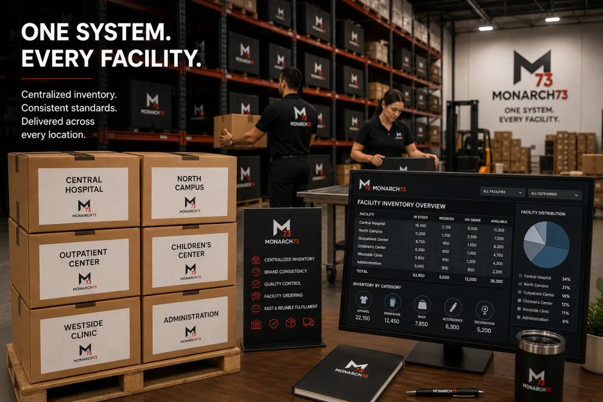 A warehouse holding one health system's inventory, with cartons labeled for the central hospital, north campus, outpatient center, children's center, westside clinic and administration, beside a screen showing stock by facility