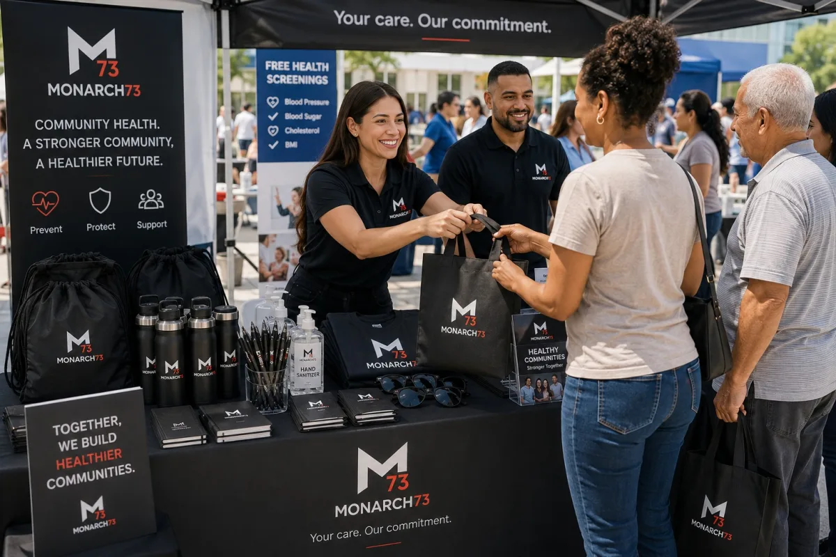 A community health fair stand handing out branded totes, bottles, hand sanitizer, notebooks, pens and t-shirts, staffed by two people in matching polos