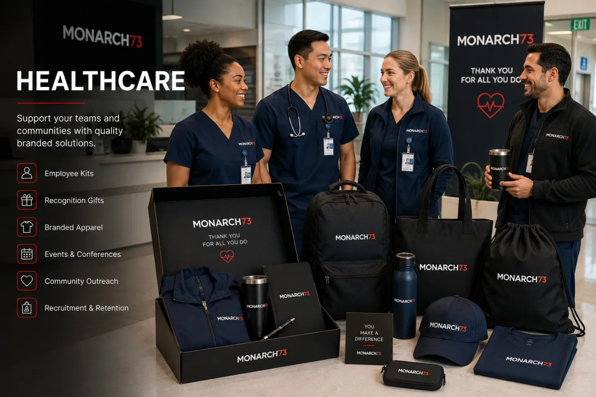 A hospital atrium with clinical staff in branded scrubs and fleeces beside a recognition kit, backpack, tote and drinkware