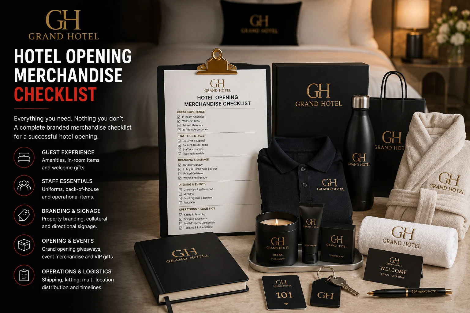 A hotel opening merchandise checklist on a clipboard beside staff polo, robe, towels, bottle, candle, key cards and welcome cards staged for a property launch
