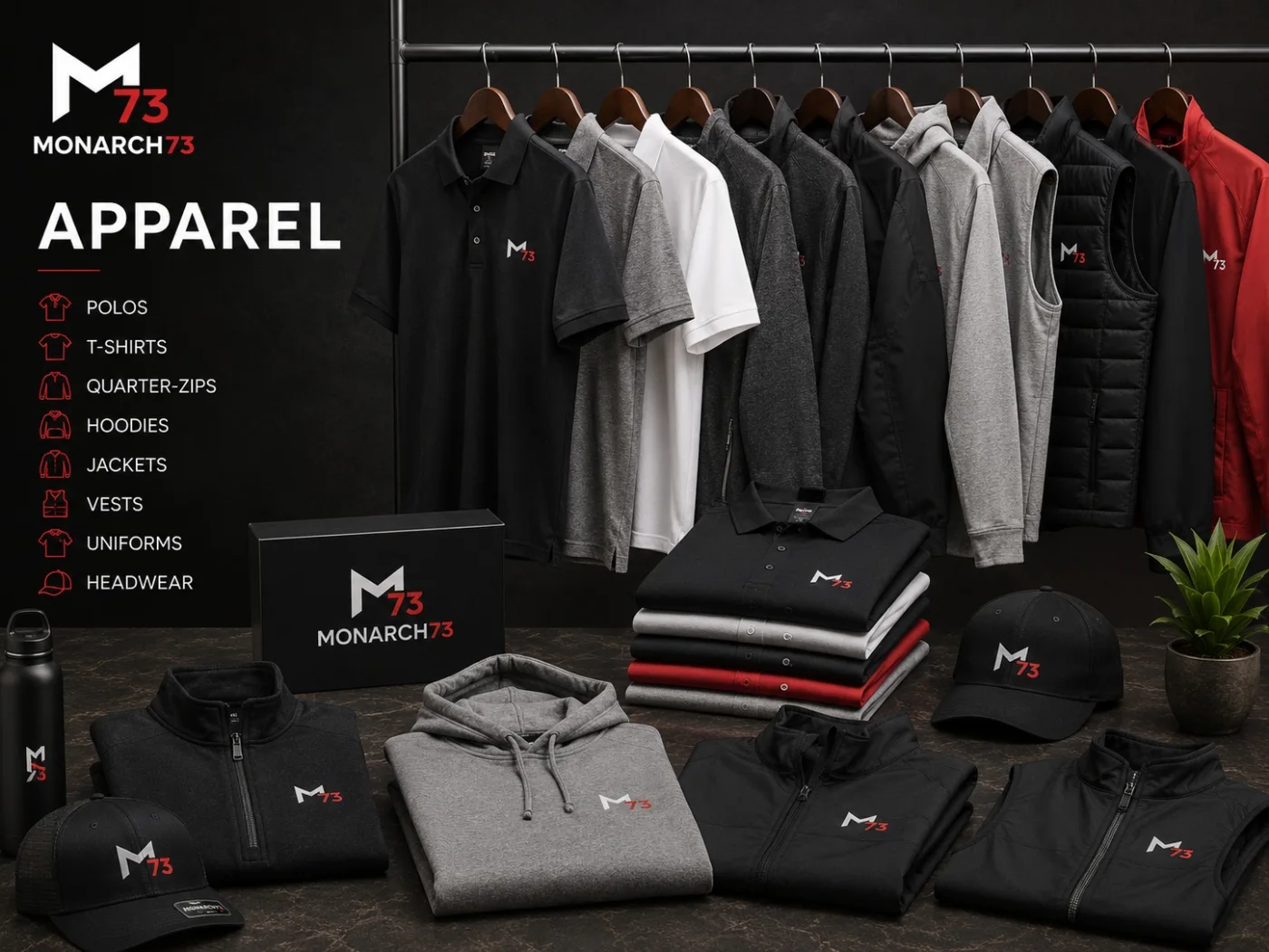 Branded apparel on a rack and folded, in several colors and styles