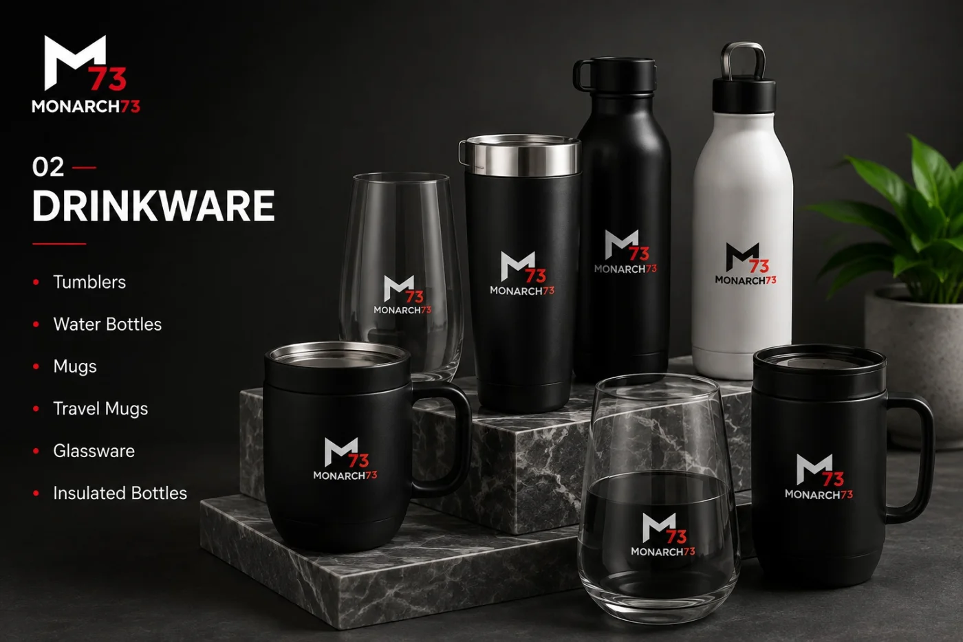 Branded drinkware on a marble surface including tumblers, bottles, mugs and glassware