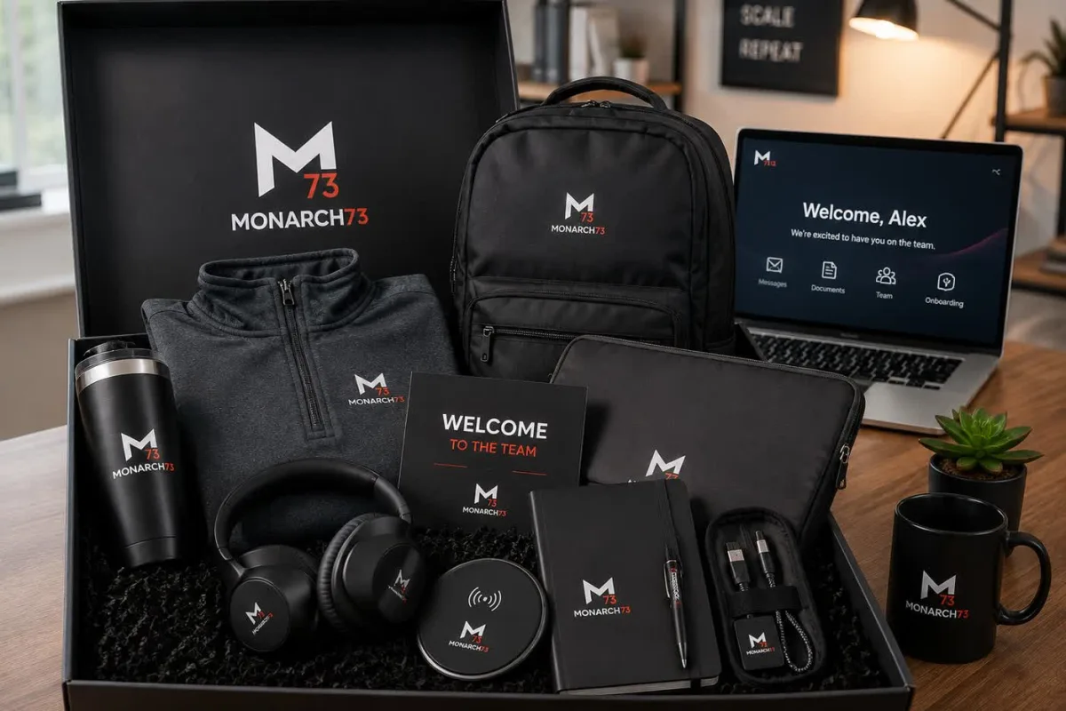 An open onboarding kit on a home-office desk beside a laptop greeting a new hire