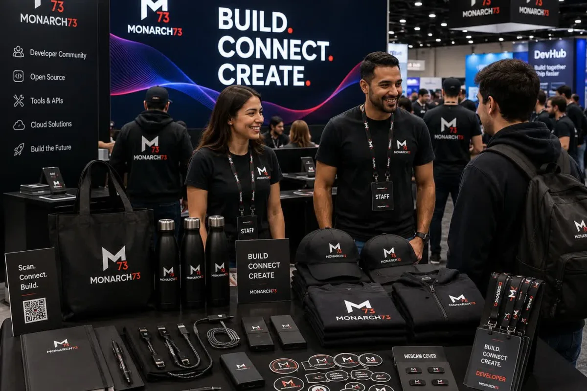 A developer conference booth with branded apparel, totes, bottles, power banks and stickers