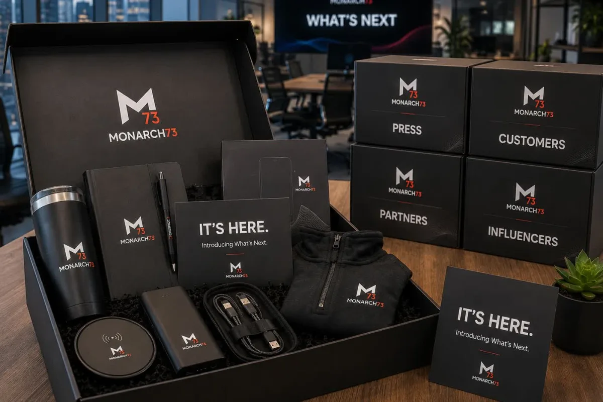 An open product launch kit beside sealed boxes labeled press, customers, partners and influencers
