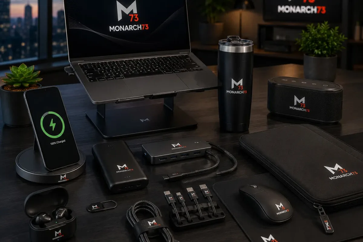 A workstation of branded tech accessories including chargers, hub, power bank, earbuds and sleeve