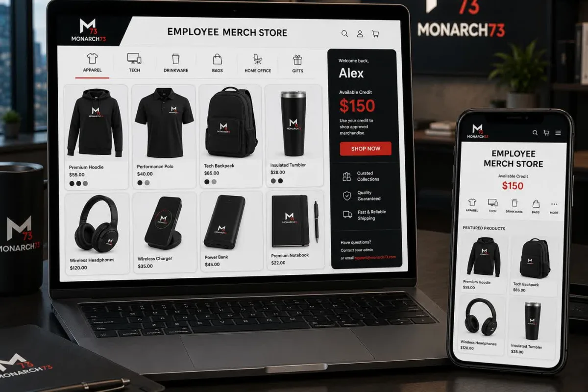 A company merchandise store on a laptop and phone with categories and an employee credit