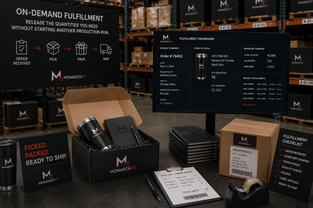 A 75-unit release picked and packed against a stock of 10,300, with the pick list, the labeled carton and a dashboard showing what remains available